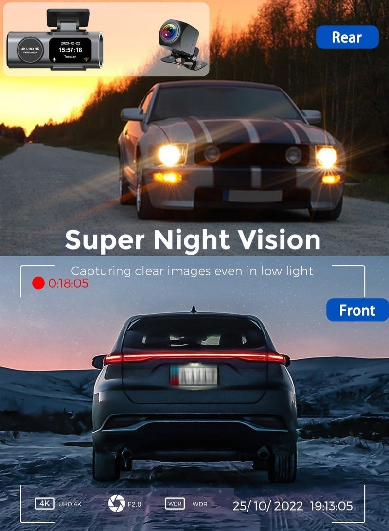 غاز مجموعة كاميرات داش كام بدقة 4K، أمامية بدقة 4K وخلفية بدقة 1080P، مع وحدة GPS وبطاقة ذاكرة بسعة 128 جيجابايت، اتصال واي فاي مدمج بتطبيق الهاتف المحمول - Image 5
